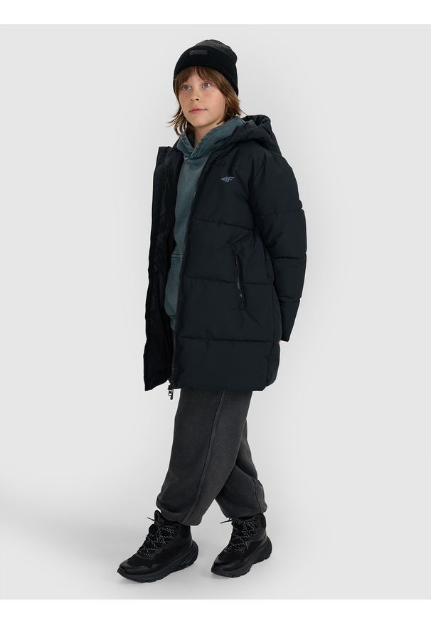 4f - 4F Płaszcz zimowy membrana 5000 chłopięcy - czarny 146 (10-11 lat). Okazja: na co dzień, na uczelnię. Kolor: czarny. Materiał: poliester, materiał. Długość: do kolan. Wzór: gładki. Sezon: zima, lato. Styl: casual