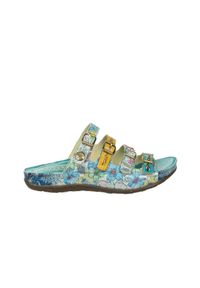 Klapki Laura Vita Liloo 5025 Turquoise 202066, Niebieski, Skóra naturalna - 38. Kolor: niebieski. Materiał: skóra ekologiczna, materiał, guma. Wzór: kwiaty. Obcas: na obcasie. Styl: elegancki #1