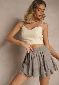 Renee - Beżowe Spódnico-Szorty z Bawełny Ozdobione Falbankami Turanea. Okazja: na co dzień. Kolor: beżowy. Materiał: bawełna. Wzór: aplikacja. Styl: elegancki, casual
