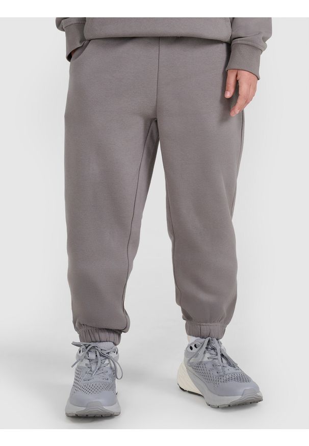 4f - 4F Spodnie dresowe joggery chłopięce - szare 134 (8-9 lat). Okazja: na co dzień. Kolor: szary. Materiał: dresówka. Wzór: gładki, ze splotem. Sezon: lato. Styl: młodzieżowy, casual, sportowy