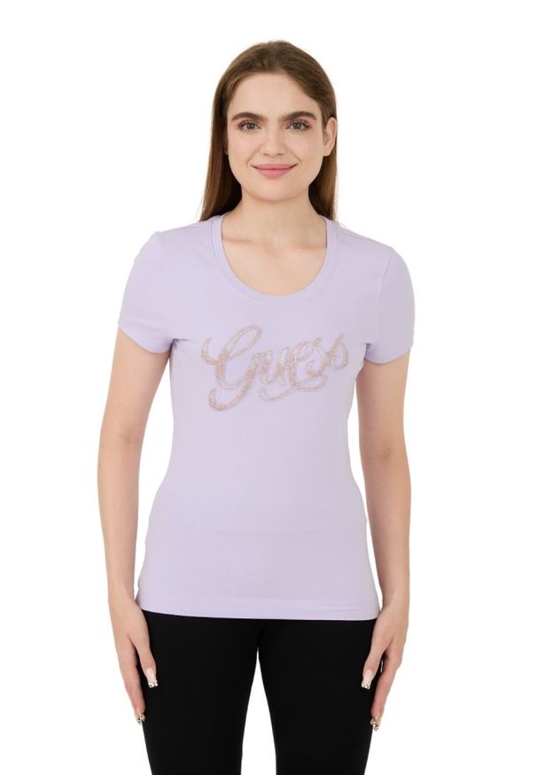 Guess - GUESS Lawendowy damski t-shirt Script, Rozmiar S. Kolor: fioletowy