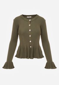 Renee - Zielony Wiskozowy Kardigan w Prążki z Falbankami i Guzikami z Cyrkoniami Danareia. Okazja: na co dzień, na imprezę. Typ kołnierza: kołnierz z falbankami. Kolor: zielony. Materiał: wiskoza. Wzór: prążki. Styl: casual #4