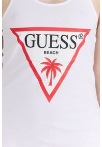 Guess - GUESS Biała sukienka damska na ramiączka z trójkątnym logo, Rozmiar L. Kolor: biały. Materiał: bawełna. Długość rękawa: na ramiączkach. Wzór: nadruk