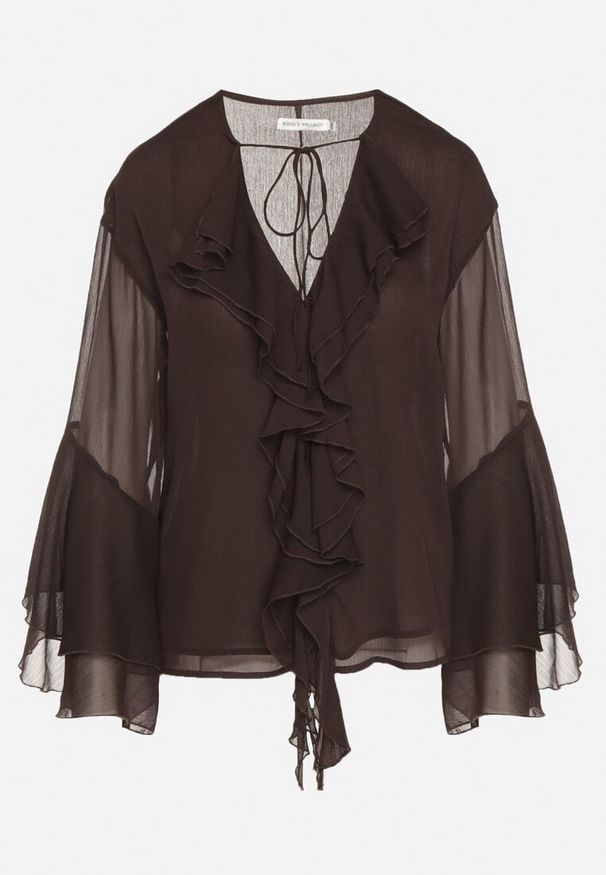 Born2be - Brązowa Bluzka w Rustykalnym Stylu z Wiązaniem i Falbankami Nenarea. Okazja: na co dzień, do pracy, na spotkanie biznesowe. Typ kołnierza: kołnierz z falbankami. Kolor: brązowy. Materiał: jeans. Styl: klasyczny, casual, biznesowy, elegancki