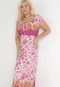 Born2be - Różowo-Biała Bawełniana Sukienka Maxi z Hiszpańskim Dekoltem i Gumkami w Talii Abagal. Typ kołnierza: dekolt hiszpanka. Kolor: różowy. Materiał: bawełna. Wzór: kwiaty. Sezon: wiosna, lato. Typ sukienki: rozkloszowane. Długość: maxi #3
