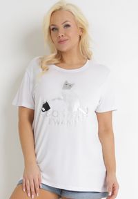 Born2be - Biały T-shirt z Błyszczącym Nadrukiem Kotka Shanaia. Kolekcja: plus size. Kolor: biały. Wzór: nadruk #1