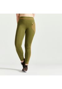 DOMYOS - Legginsy fitness damskie Domyos. Stan: podwyższony. Kolor: zielony, brązowy. Materiał: materiał, elastan, poliester, skóra. Sport: fitness