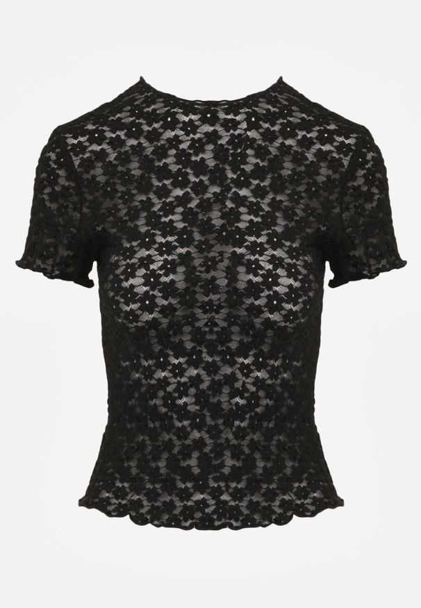 Renee - Czarna Dopasowana Bluzka z Koronki z Krótkim Rękawem Britune. Okazja: na co dzień. Kolor: czarny. Materiał: koronka. Długość rękawa: krótki rękaw. Długość: krótkie. Wzór: koronka. Sezon: lato. Styl: casual