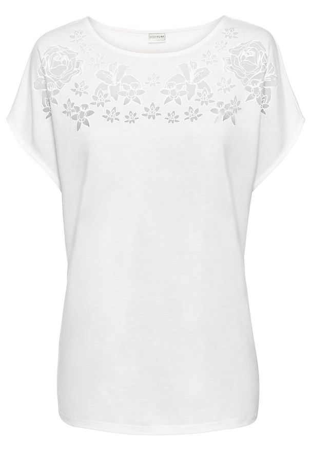 Shirt w kwiaty bonprix biel wełny. Kolor: biały. Materiał: wełna. Wzór: kwiaty. Styl: elegancki