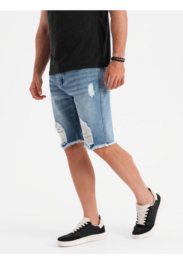 Ombre Clothing - Krótkie męskie spodenki jeansowe z przetarciami i dziurami – jasnoniebieskie V2 OM-SRDS-0157 - XXL. Okazja: na co dzień. Kolor: niebieski. Materiał: jeans. Długość: krótkie. Wzór: aplikacja. Sezon: lato. Styl: klasyczny, casual