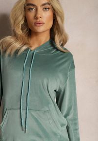 Renee - Miętowy Welurowy Komplet Dresowy Bluza z Kapturem i Spodnie Vilna. Kolor: miętowy. Materiał: dresówka, welur