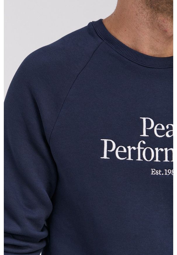 Peak Performance Bluza męska kolor granatowy melanżowa. Okazja: na co dzień. Kolor: niebieski. Materiał: bawełna, dzianina. Długość rękawa: raglanowy rękaw. Wzór: melanż. Styl: casual