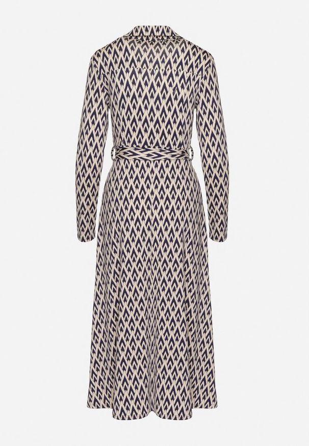 Born2be - Niebieska Sukienka Koszulowa z Wiskozą i Paskiem w Geometryczny Wzór Erilvessa. Okazja: na co dzień. Typ kołnierza: dekolt w serek. Kolor: niebieski. Materiał: wiskoza. Długość rękawa: długi rękaw. Wzór: geometria. Typ sukienki: koszulowe. Styl: casual, elegancki