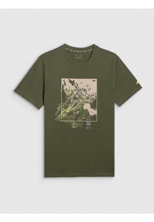 4f - 4F T-shirt regular z nadrukiem męski - khaki XL. Okazja: na co dzień. Kolor: oliwkowy, brązowy, wielokolorowy. Materiał: dzianina, bawełna, materiał. Wzór: nadruk. Styl: casual