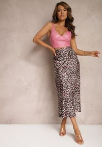 Renee - Fuksjowo-Czarna Spódnica High Waist ze Zwierzęcym Printem i Gumką w Talii Dimella. Stan: podwyższony. Kolor: różowy. Materiał: materiał, jedwab, wiskoza. Wzór: nadruk, motyw zwierzęcy. Styl: wizytowy, klasyczny, elegancki #4
