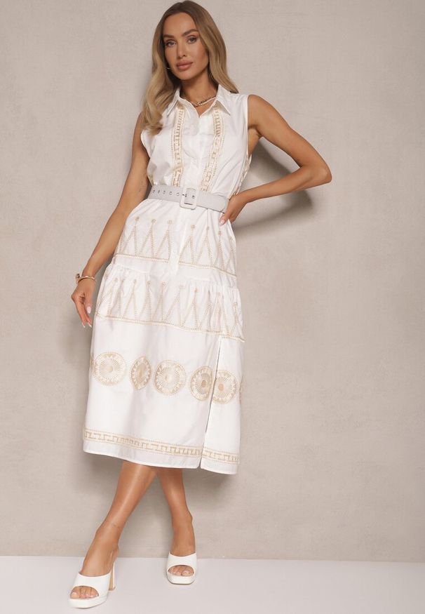 Renee - Biała Sukienka o Koszulowym Kroju z Paskiem Zdobiona Haftem Talliera. Okazja: na co dzień. Kolor: biały. Materiał: poliester. Wzór: aplikacja, haft. Typ sukienki: koszulowe. Styl: elegancki, casual, klasyczny