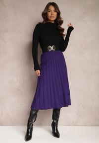 Renee - Ciemnofioletowa Dzianinowa Spódnica Trapezowa Midi Arion. Kolor: fioletowy. Materiał: dzianina. Styl: elegancki #1