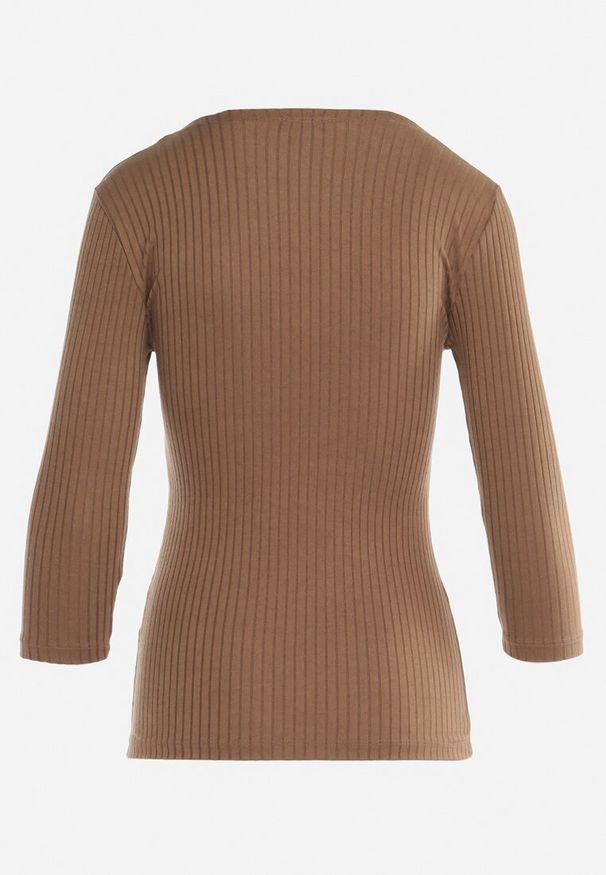 Born2be - Brązowa Bawełniana Bluzka w Prążki z Gorsetowym Wiązaniem Przy Dekolcie Jarelis. Typ kołnierza: dekolt gorset. Kolor: brązowy. Materiał: bawełna. Wzór: prążki