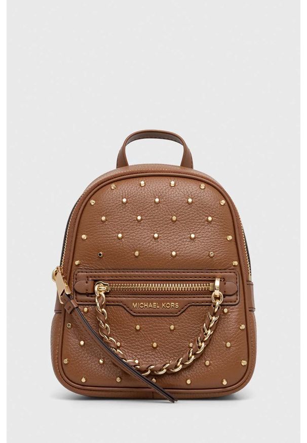 MICHAEL Michael Kors plecak skórzany damski kolor brązowy mały z aplikacją. Kolor: brązowy. Materiał: skóra. Wzór: aplikacja