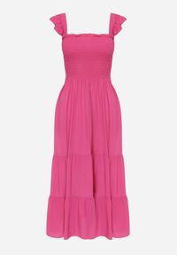 Renee - Fuksjowa Sukienka z Bawełny na Ramiączkach Ozdobiona Falbanami i Gumkami Mevalys. Okazja: na co dzień. Materiał: bawełna. Długość rękawa: na ramiączkach. Wzór: aplikacja. Typ sukienki: rozkloszowane. Styl: elegancki, casual #3