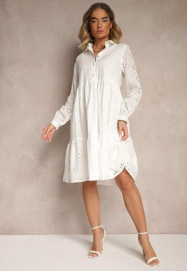 Renee - Biała Haftowana Sukienka z Bawełny Folisse. Kolor: biały. Materiał: bawełna. Wzór: haft. Styl: elegancki