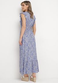 Born2be - Niebieska Bawełniana Sukienka z Metalicznym Nadrukiem z Gumkami w Pasie z Kopertowym Dekoltem Folia. Okazja: na co dzień, na spacer. Typ kołnierza: dekolt kopertowy, kołnierz z falbankami. Kolor: niebieski. Materiał: bawełna. Wzór: nadruk. Typ sukienki: kopertowe. Styl: klasyczny, casual #5