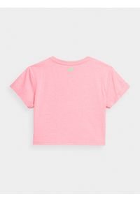 4F JUNIOR - T-shirt crop top z nadrukiem dziewczęcy. Kolor: różowy. Materiał: dzianina, bawełna. Wzór: nadruk #2