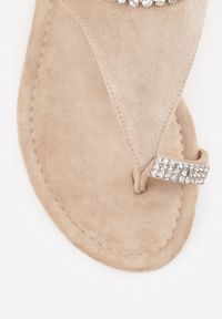 Renee - Beżowe Eleganckie Sandały w Stylu Boho z Paskiem na Duży Palec i Cyrkoniami Poreila. Zapięcie: pasek. Kolor: beżowy. Materiał: len. Wzór: aplikacja. Sezon: lato. Obcas: na płaskiej podeszwie. Styl: boho, elegancki #8