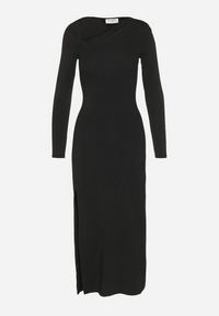 Born2be - Czarna Sukienka Taliowana z Asymetrycznym Dekoltem i Rozcięciem Saiala. Okazja: na spotkanie biznesowe, do pracy. Kolor: czarny. Długość rękawa: długi rękaw. Typ sukienki: asymetryczne. Styl: biznesowy, klasyczny, wizytowy #6