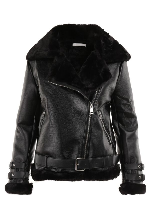 Born2be - Czarna Kurtka Biker Thalica. Okazja: na co dzień. Kolor: czarny. Materiał: futro. Długość rękawa: długi rękaw. Długość: krótkie. Wzór: aplikacja. Sezon: zima, jesień. Styl: casual