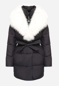 Born2be - Granatowa Pikowana Kurtka z Paskiem w Talii i Odpinanym Futrzanym Kołnierzem Edalithia. Okazja: na co dzień. Kolor: niebieski. Materiał: futro. Sezon: zima. Styl: casual, elegancki #2
