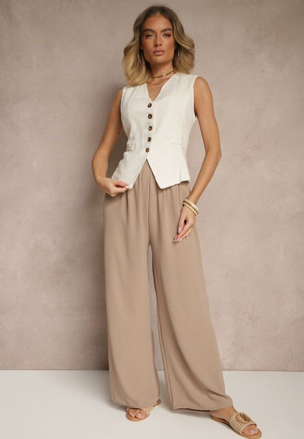 Renee - Ciemnobeżowe Szerokie Spodnie High Waist z Wiązaniem w Talii Reivaritta. Okazja: do pracy, na spotkanie biznesowe, na co dzień. Stan: podwyższony. Kolor: beżowy. Styl: casual, elegancki, biznesowy