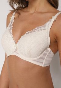 Born2be - Jasnobeżowy Koronkowy Biustonosz z Ozdobnymi Kokardkami na Ramiączkach Aeleolopei. Kolor: beżowy. Materiał: koronka. Wzór: koronka, aplikacja #4