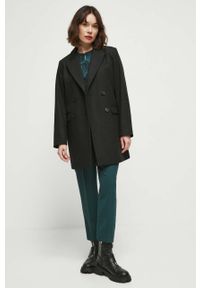 medicine - Medicine płaszcz z domieszką wełny kolor czarny przejściowy dwurzędowy. Kolor: czarny. Materiał: wełna. Wzór: gładki. Styl: klasyczny