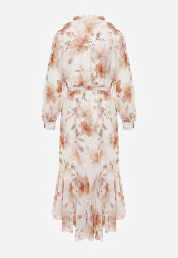 Renee - Pomarańczowa Eteryczna Sukienka Zdobiona Falbankami i Wiązanym Paskiem Rhelaith. Okazja: na imprezę, na randkę. Typ kołnierza: kołnierz z falbankami. Kolor: pomarańczowy. Materiał: poliester. Wzór: aplikacja. Styl: boho