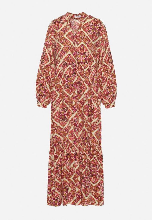 Born2be - Bordowa Rozkloszowana Sukienka z Wiskozy Zapinana na Guziki z Falbanką Nrines. Okazja: na co dzień. Typ kołnierza: dekolt w kształcie V. Kolor: czerwony. Materiał: wiskoza. Długość rękawa: długi rękaw. Styl: casual, elegancki