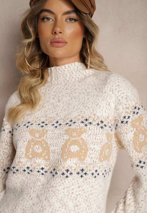 Renee - Jasnobeżowy Sweter z Wełną Ozdobiony Misiami i Ściągaczami Selirina. Okazja: na co dzień. Kolor: beżowy. Materiał: wełna. Wzór: aplikacja. Styl: casual