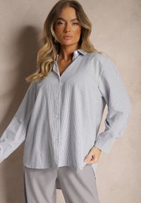 Renee - Granatowo-Biała Koszula Klasyczna w Delikatne Paseczki Arffia. Okazja: na spotkanie biznesowe. Kolor: niebieski. Materiał: jeans. Długość rękawa: długi rękaw. Długość: długie. Wzór: paski. Styl: klasyczny #5