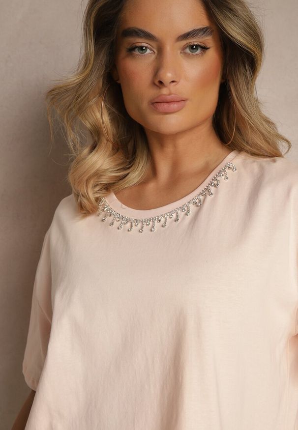 Renee - Beżowy T-shirt z Bawełny z Cyrkoniami Fadeola. Okazja: na co dzień. Kolor: beżowy. Materiał: bawełna. Styl: klasyczny, elegancki, casual