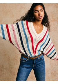 Big-Star - Sweter damski ażurowy w kolorowe paski kremowy Vika 102. Okazja: na co dzień. Kolor: kremowy. Materiał: wiskoza, bawełna. Długość: krótkie. Wzór: kolorowy, ażurowy, paski. Styl: casual #3