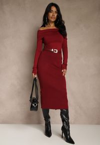 Renee - Bordowa Spódnica o Ołówkowym Kroju z Wiskozą z Paskiem i Rozcięciem Saweda. Okazja: na co dzień. Kolor: czerwony. Materiał: wiskoza. Styl: casual, elegancki #5