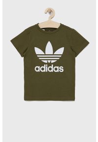adidas Originals t-shirt bawełniany dziecięcy kolor zielony z nadrukiem. Okazja: na co dzień. Kolor: zielony. Materiał: bawełna. Wzór: nadruk. Styl: casual