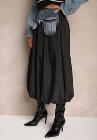 Renee - Czarna Spódnica o Kroju Bombki z Jeansową Talią i Kieszeniami Ansarise. Okazja: na imprezę. Kolor: czarny. Materiał: jeans. Styl: elegancki #5
