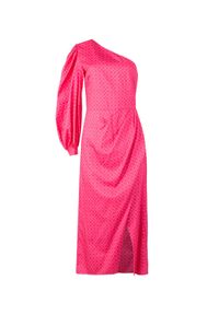 VICHER - Różowa sukienka midi na jedno ramię REIWA. Kolor: różowy, wielokolorowy, fioletowy. Materiał: bawełna, satyna. Typ sukienki: asymetryczne. Długość: midi #2