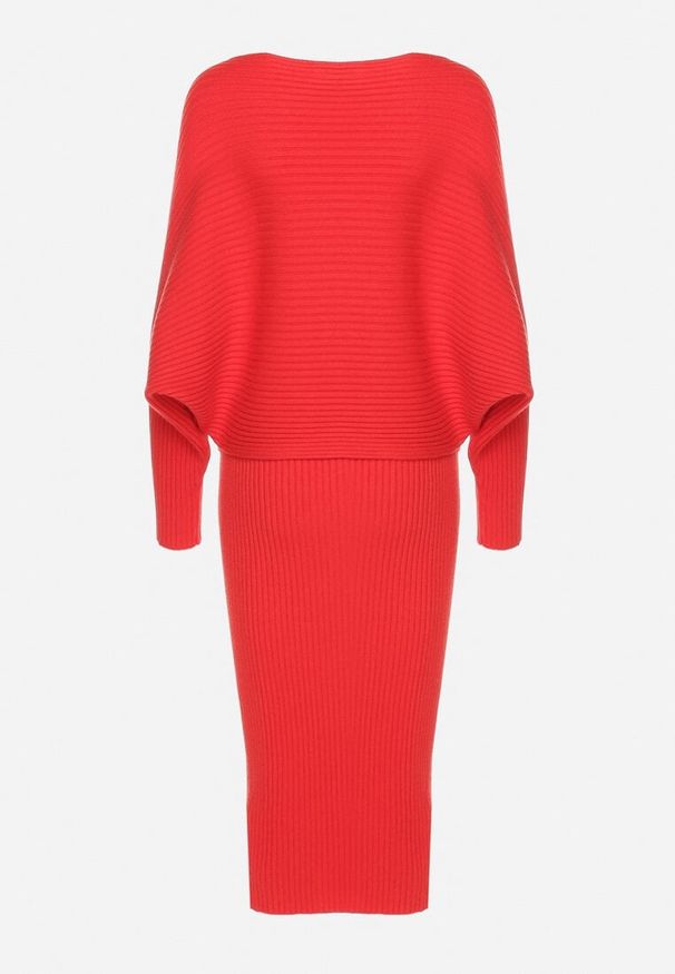 Born2be - Czerwony Prążkowany Komplet z Wiskozą Góra o Kroju Nietoperza Spódnica z Gumką w Pasie Zortia. Kolor: czerwony. Materiał: wiskoza, prążkowany. Wzór: prążki