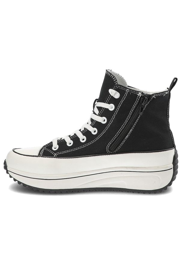 Czarne Sneakersy Rieker Sportowe Obuwie Damskie. Wysokość cholewki: przed kolano. Zapięcie: sznurówki. Kolor: czarny. Materiał: materiał. Szerokość cholewki: normalna