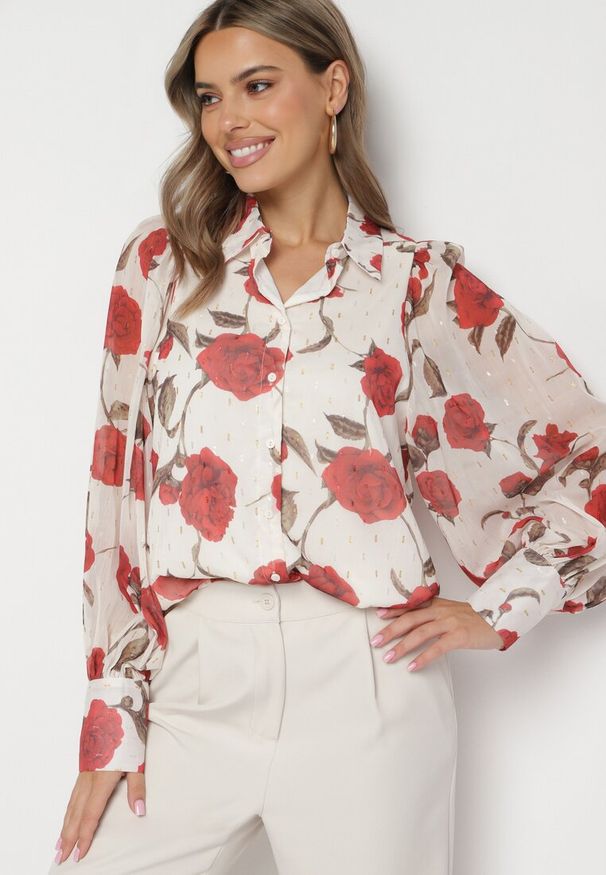 Born2be - Beżowo-Czerwona Koszula w Kwiaty z Transparentnymi Rękawami Heslinea. Okazja: na co dzień. Kolor: beżowy. Materiał: jeans. Wzór: kwiaty. Styl: casual, elegancki, klasyczny