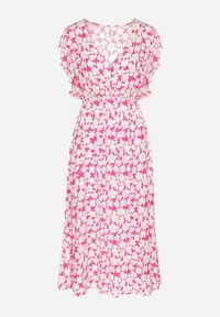 Born2be - Fuksjowa Bawełniana Sukienka w Kwiatki o Rozkloszowanym Kroju z Gumką Alanilia. Okazja: na co dzień. Typ kołnierza: dekolt w kształcie V. Kolor: różowy. Wzór: kwiaty. Typ sukienki: rozkloszowane. Materiał: bawełna. Długość rękawa: krótki rękaw. Sezon: wiosna, lato. Styl: casual, elegancki #5