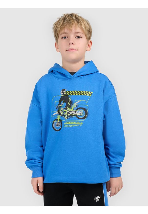4f - 4F Bluza dresowa loose z kapturem chłopięca - niebieska 122/128 (6-8 lat). Okazja: na co dzień, na spacer, na uczelnię. Typ kołnierza: kaptur. Kolor: niebieski. Materiał: dresówka. Sezon: lato. Styl: klasyczny, casual