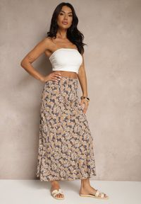 Renee - Szaro-Beżowa Rozkloszowana Spódnica z Wiskozy High Waist Fevanice. Okazja: na co dzień. Stan: podwyższony. Kolor: szary. Materiał: wiskoza. Styl: elegancki, casual #3